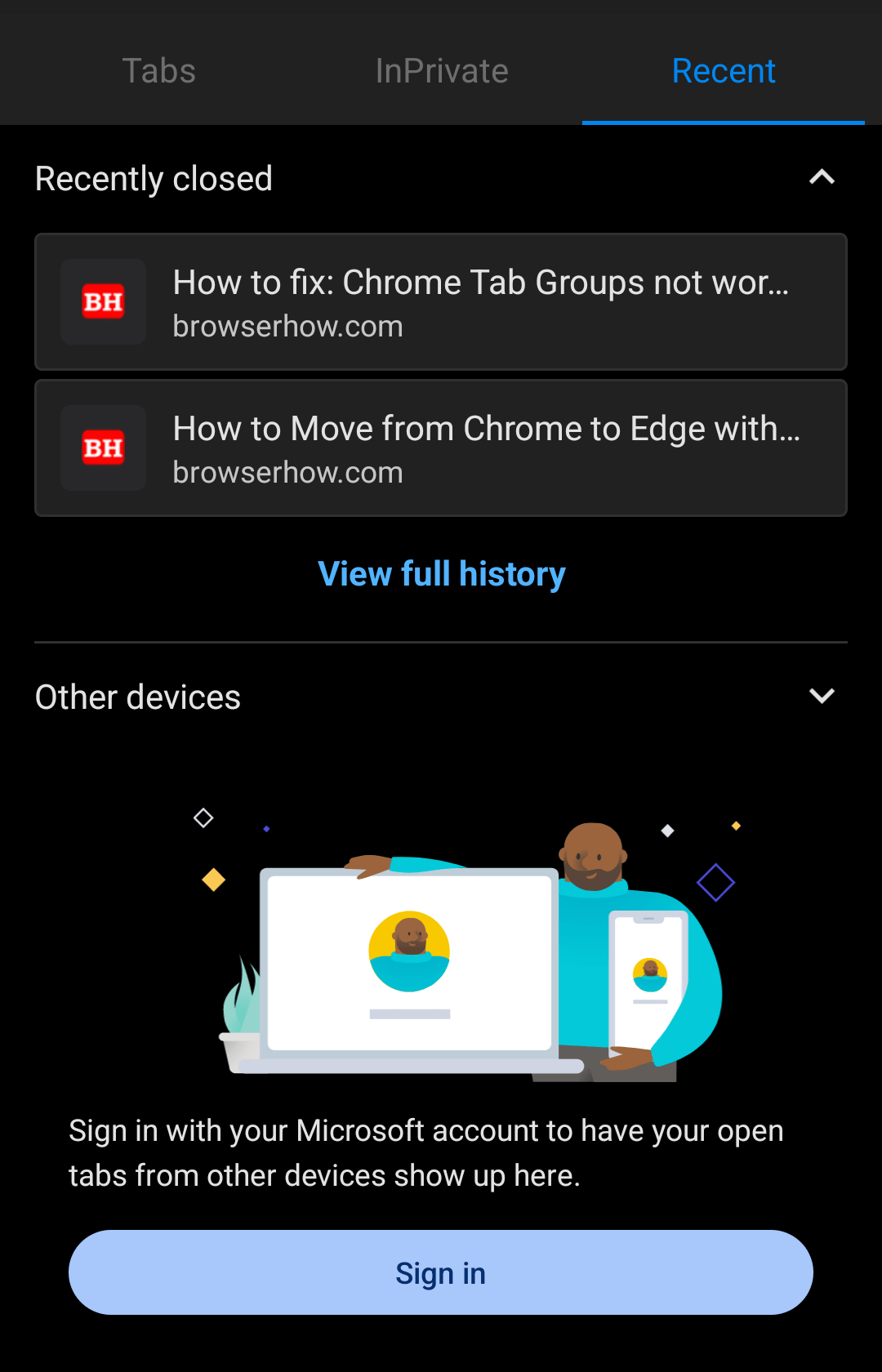 Recent closed tabs under Recent tab in Edge on Android