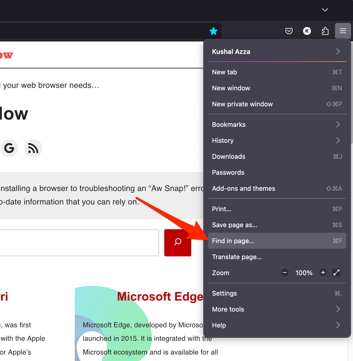 Find in page option in Firefox on a Computer