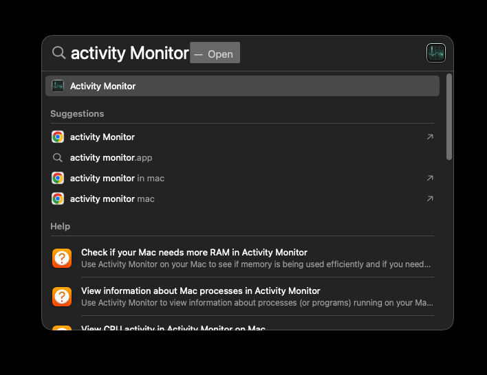 Activity Monitor in Spotlight Search on Mac