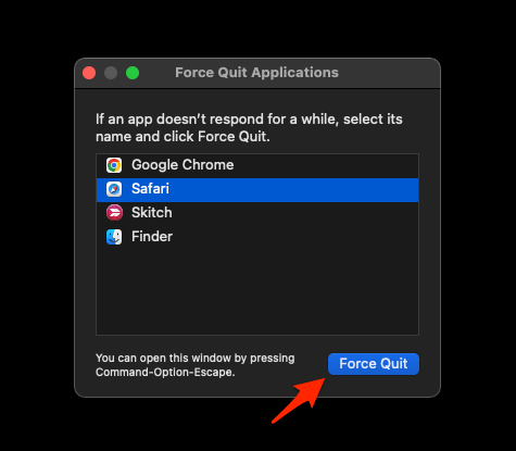 Force Quit Applications window with Safari app on Mac