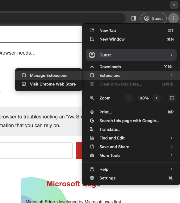 Manage Extensions sub-menu in Chrome app