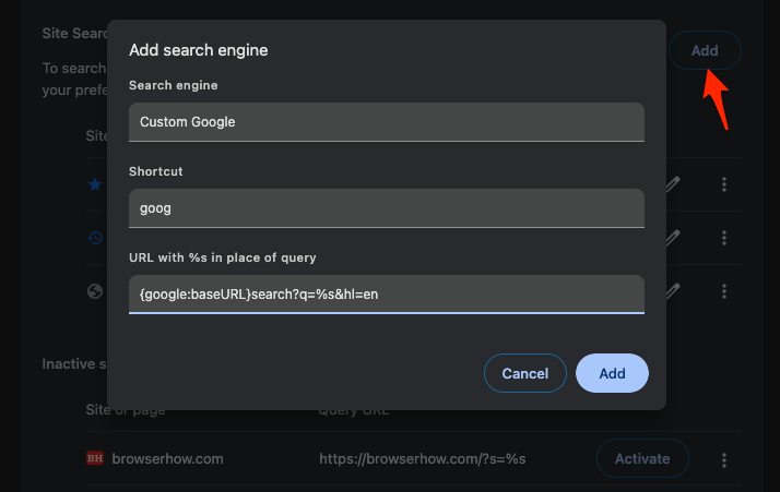 Chrome Settings Manage search engines and site search