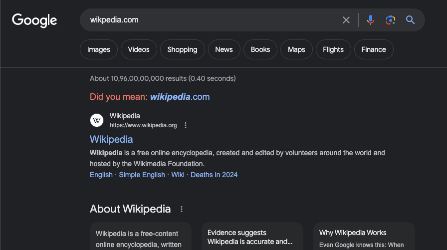 wikipedia.com correction on Google Search