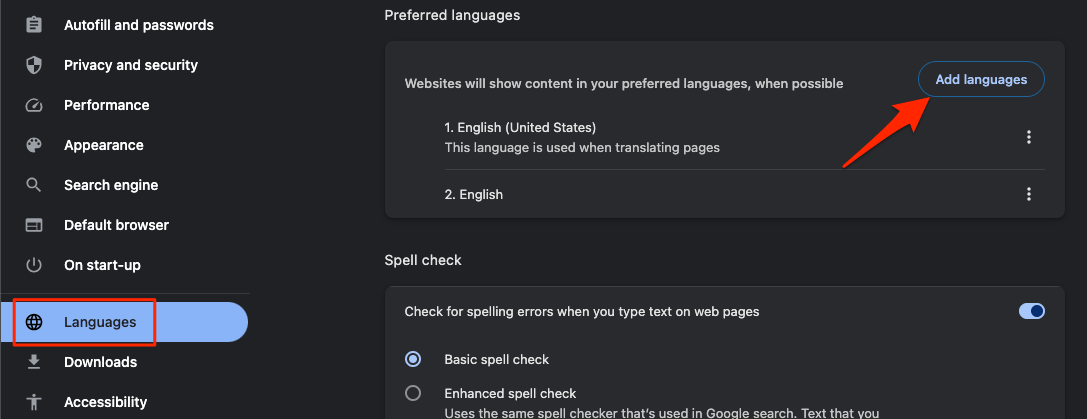 Add languages option under Languages tab in Chrome on the computer
