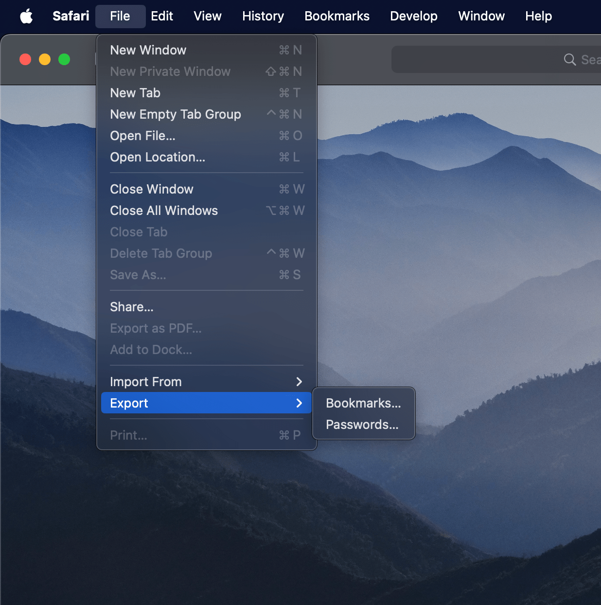 Export Bookmarks and Passwords option menu in Safari Mac