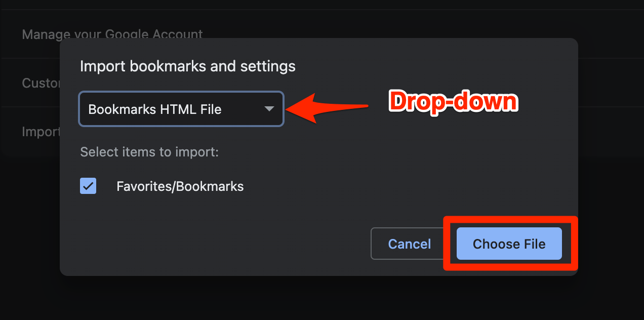 Import Bookmarks HTML File in Chrome browser with Choose File button