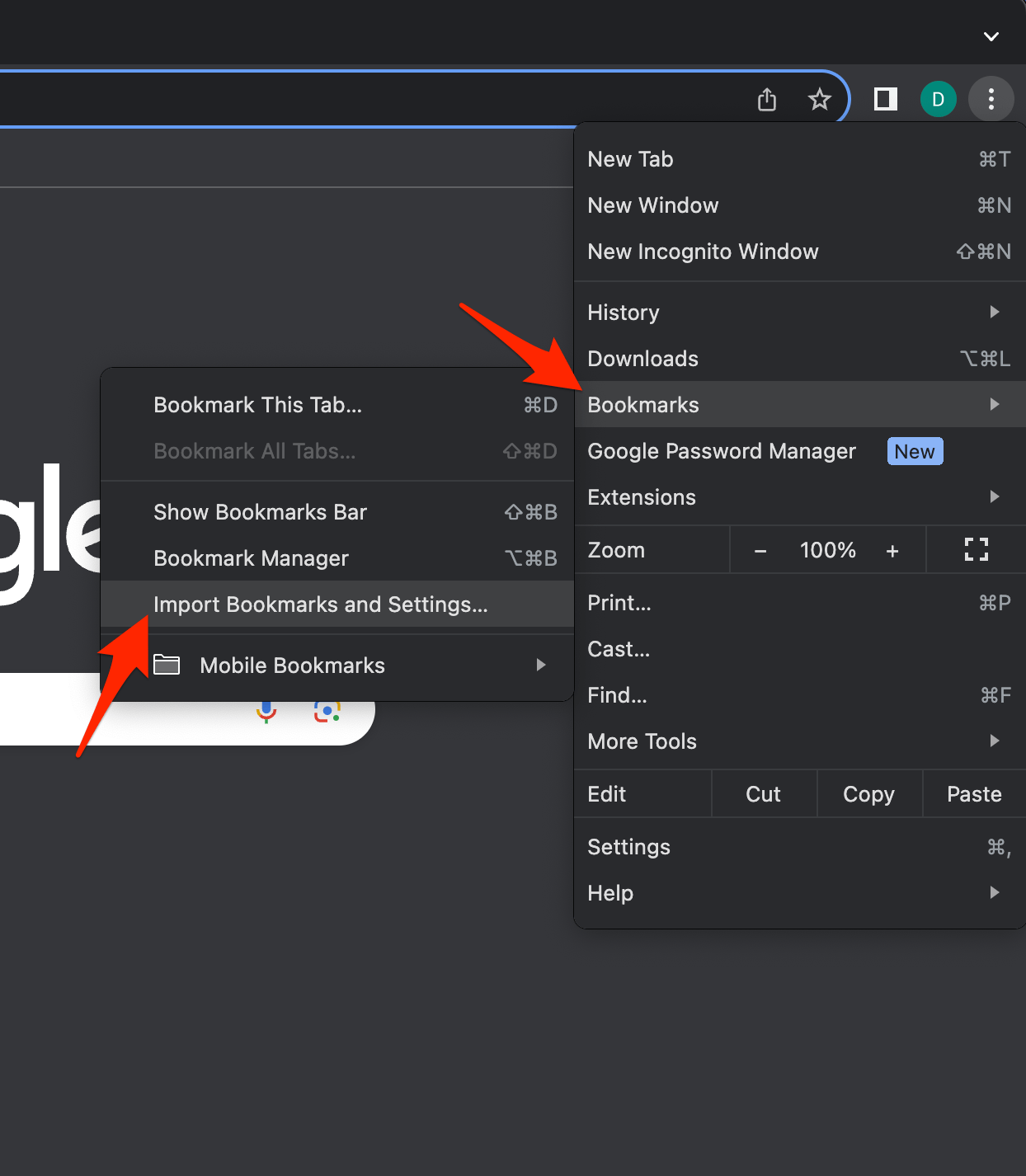 Import Bookmarks and Settings menu in Google Chrome browser