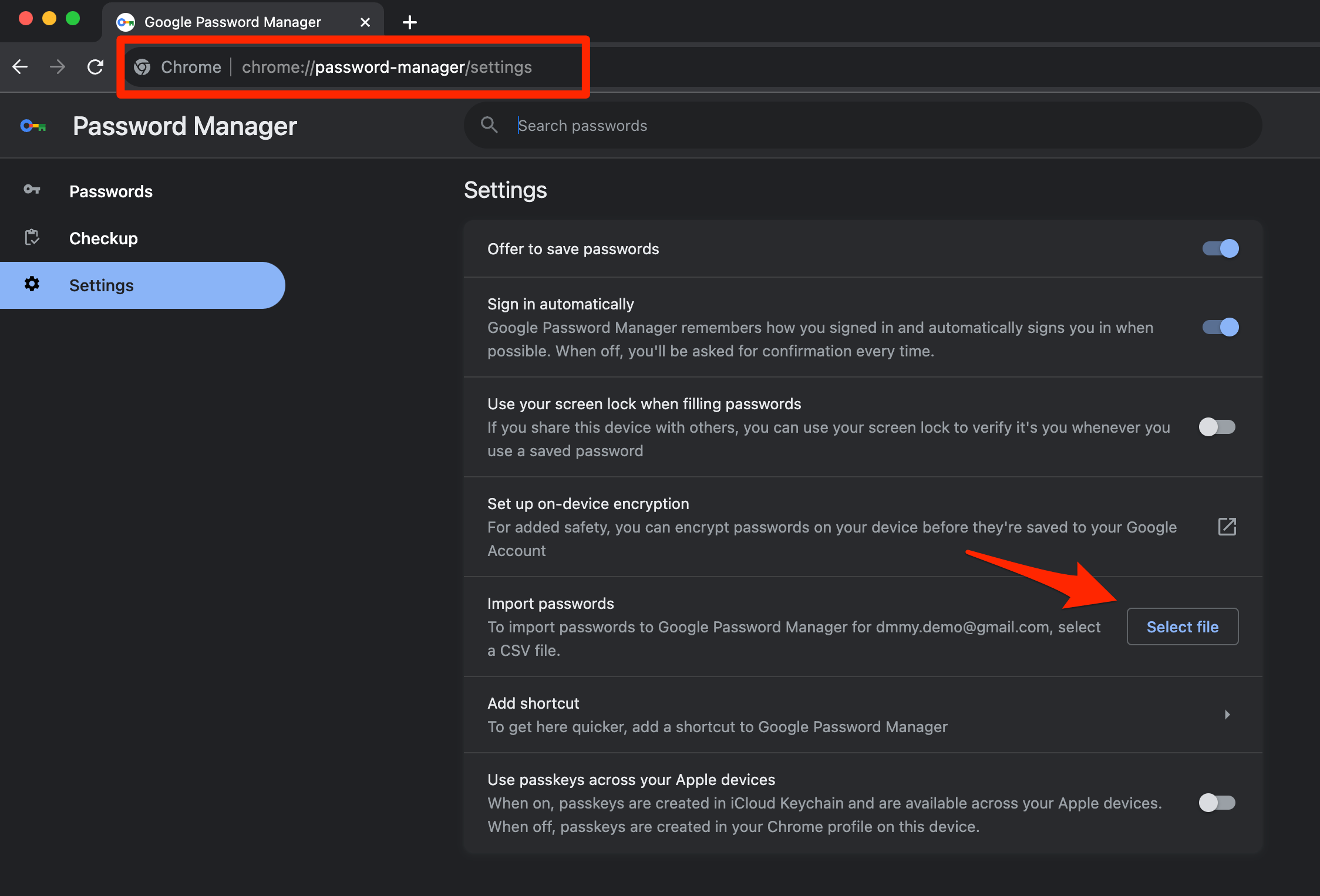 Import passwords in Chrome browser and Select file option
