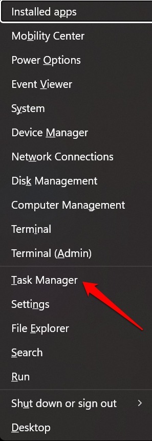 Task Manager menu in Windows Task Bar
