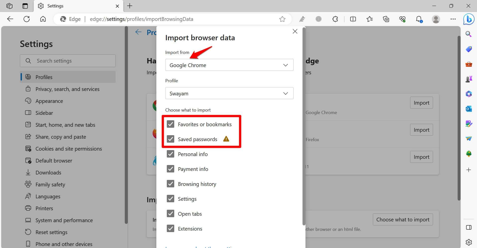 choose what to import from Chrome to Edge