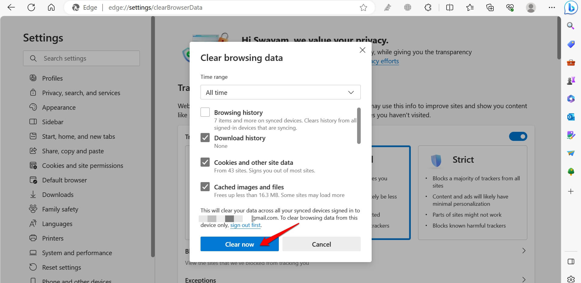 clear browsing data on Edge browser