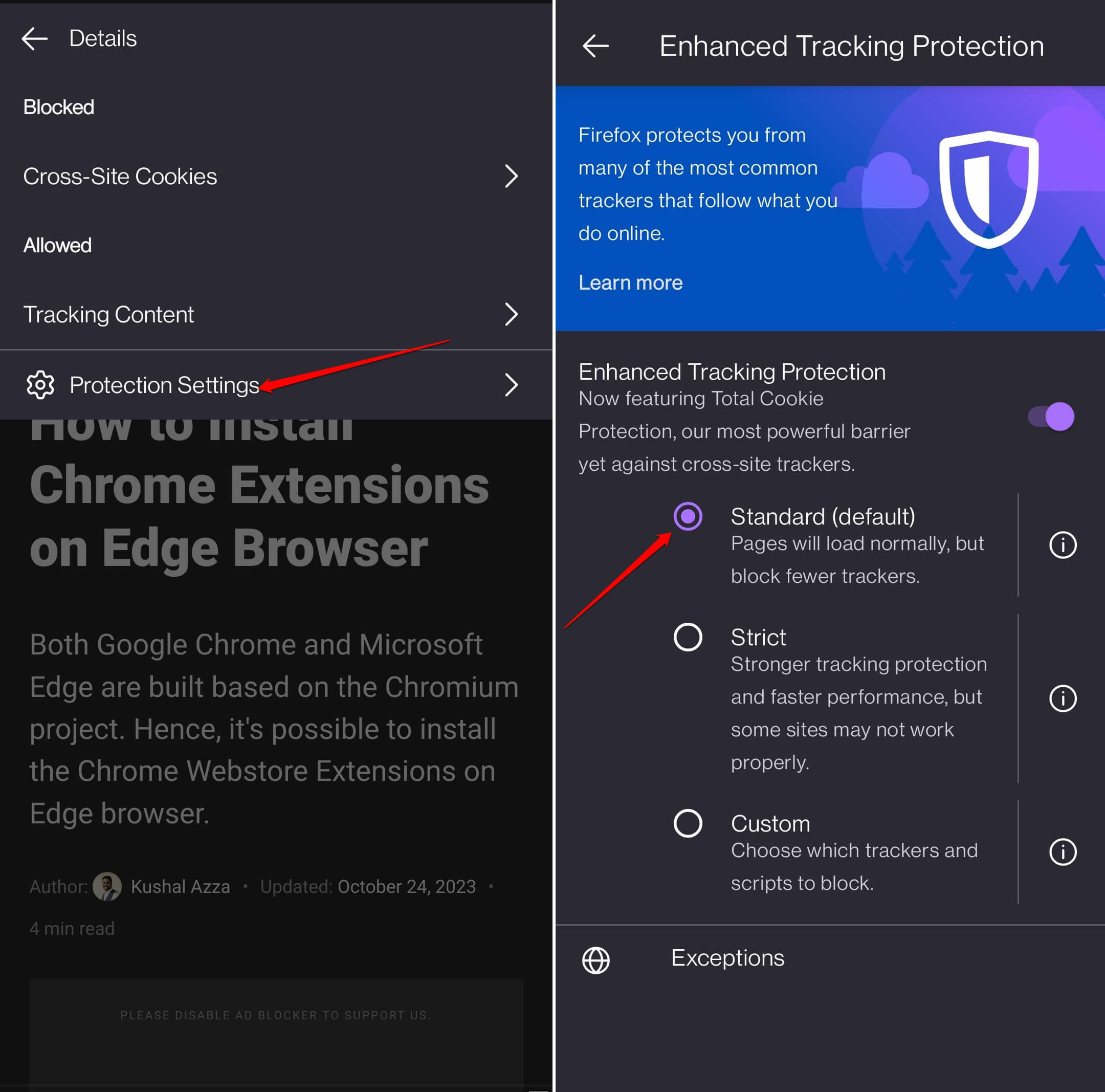 manage enhanced tracking protection on Firefox Android