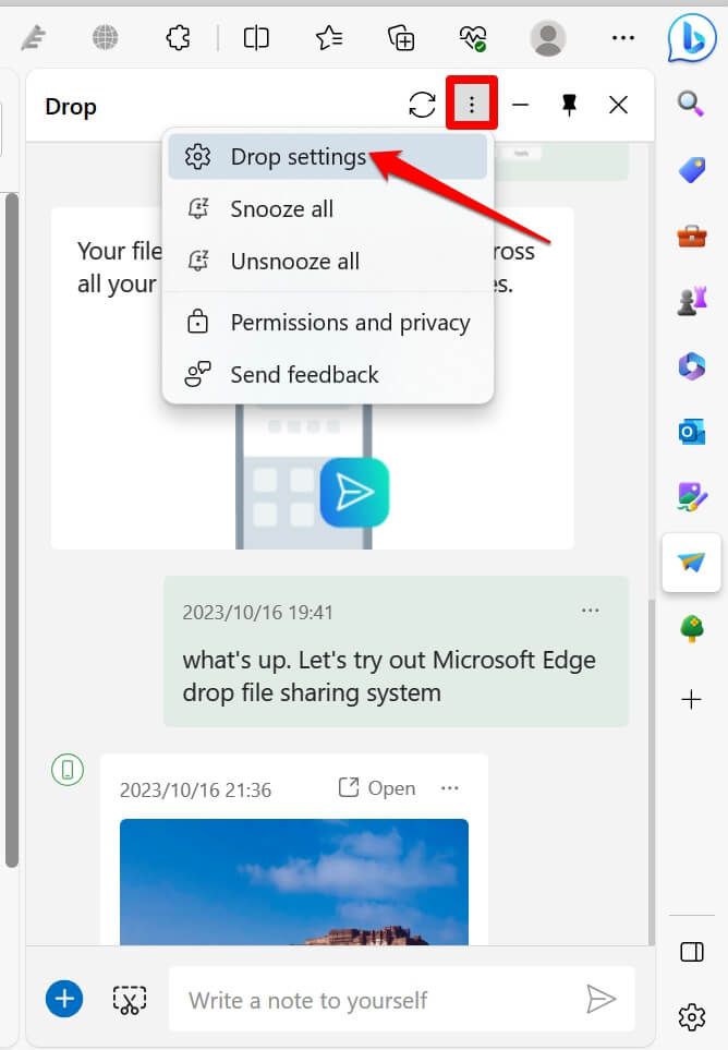 open Drop settings in Microsoft Edge