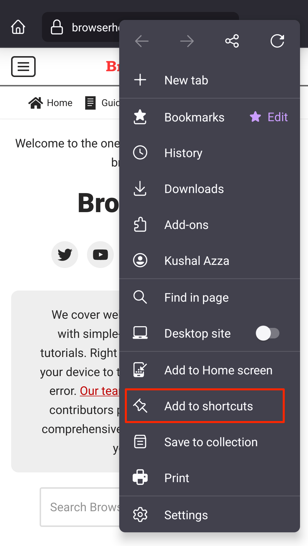 Add to Shortcuts menu in Firefox Android