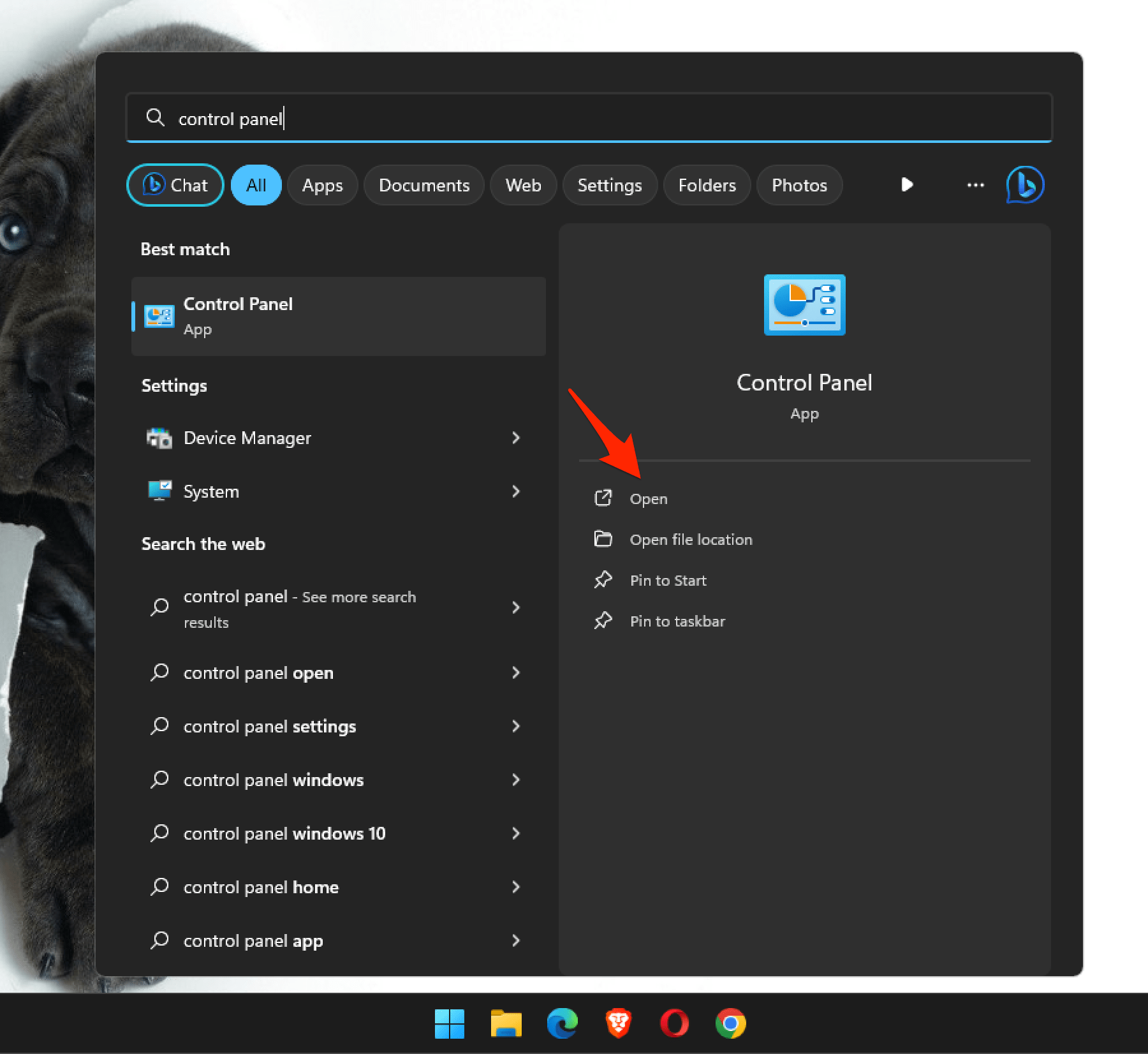 Open Control Panel in Windows Start Menu
