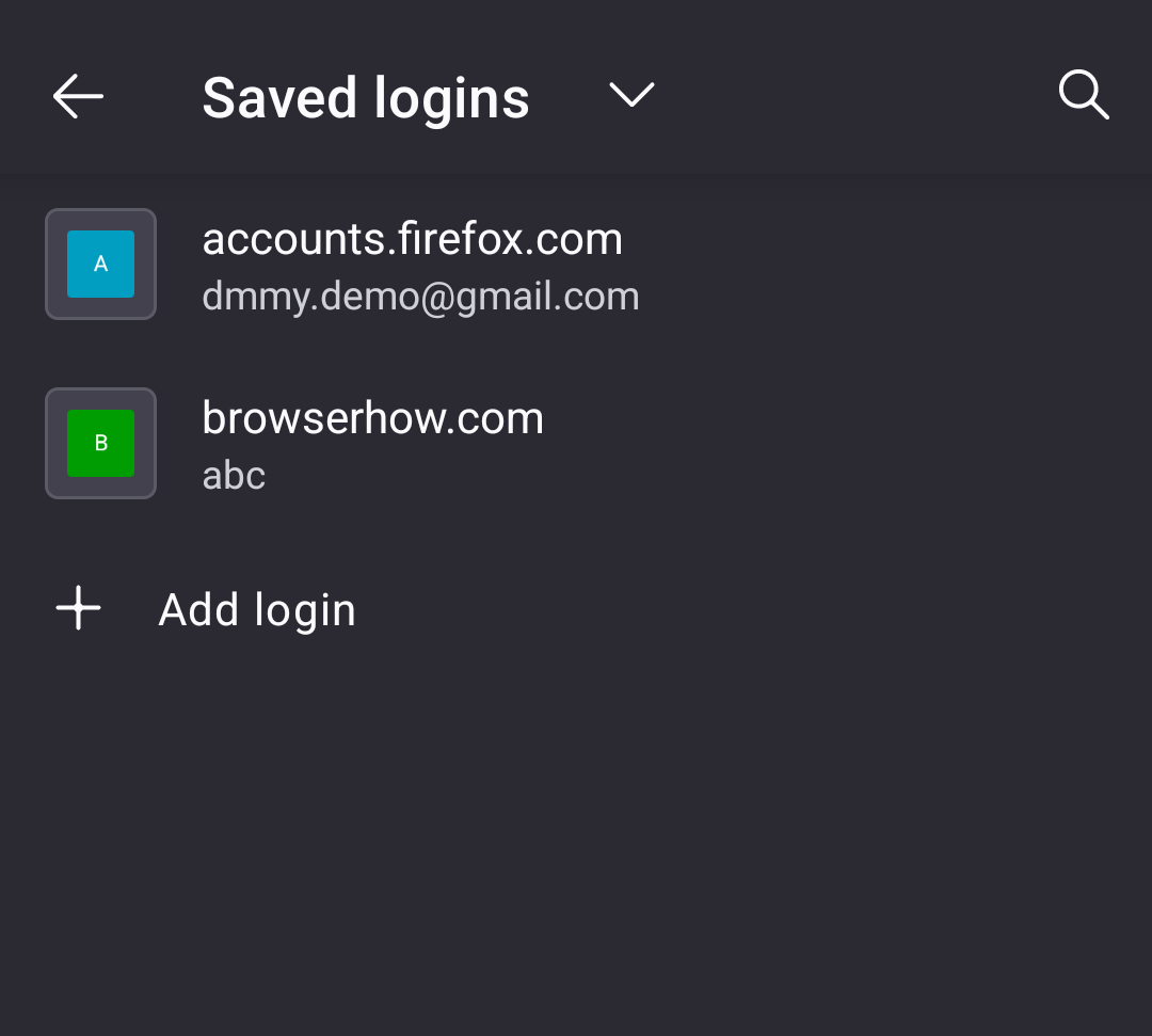 Saved logins URL in Firefox Android