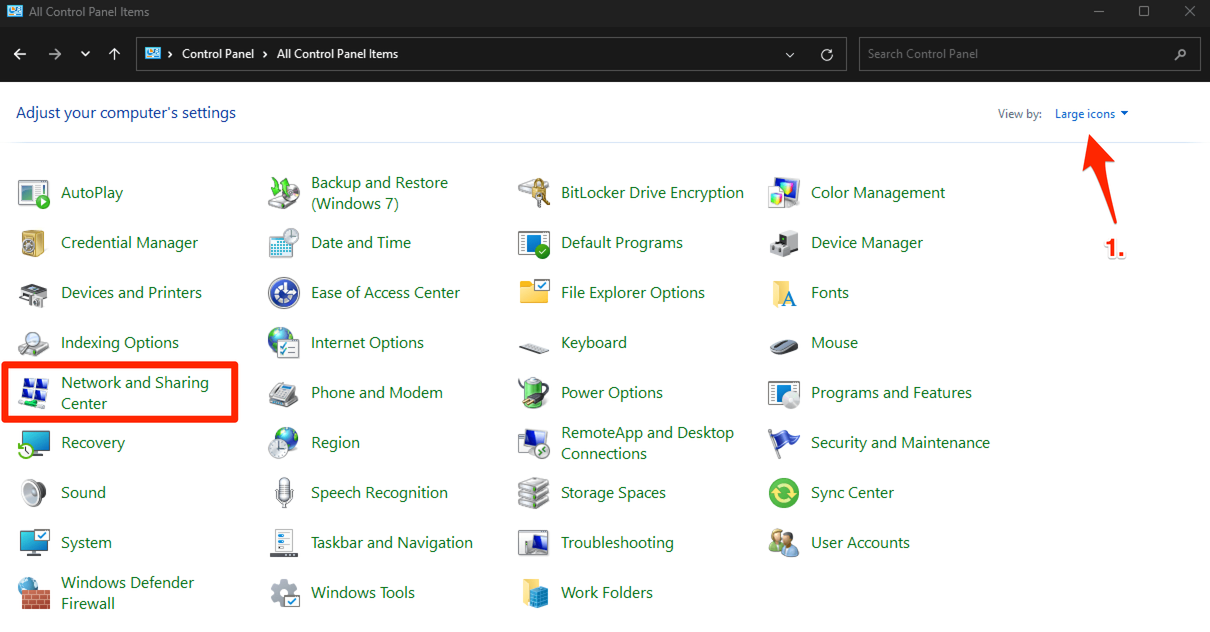 Switch to View by Large icons and Select Network and Sharing Center in Windows Control Panel