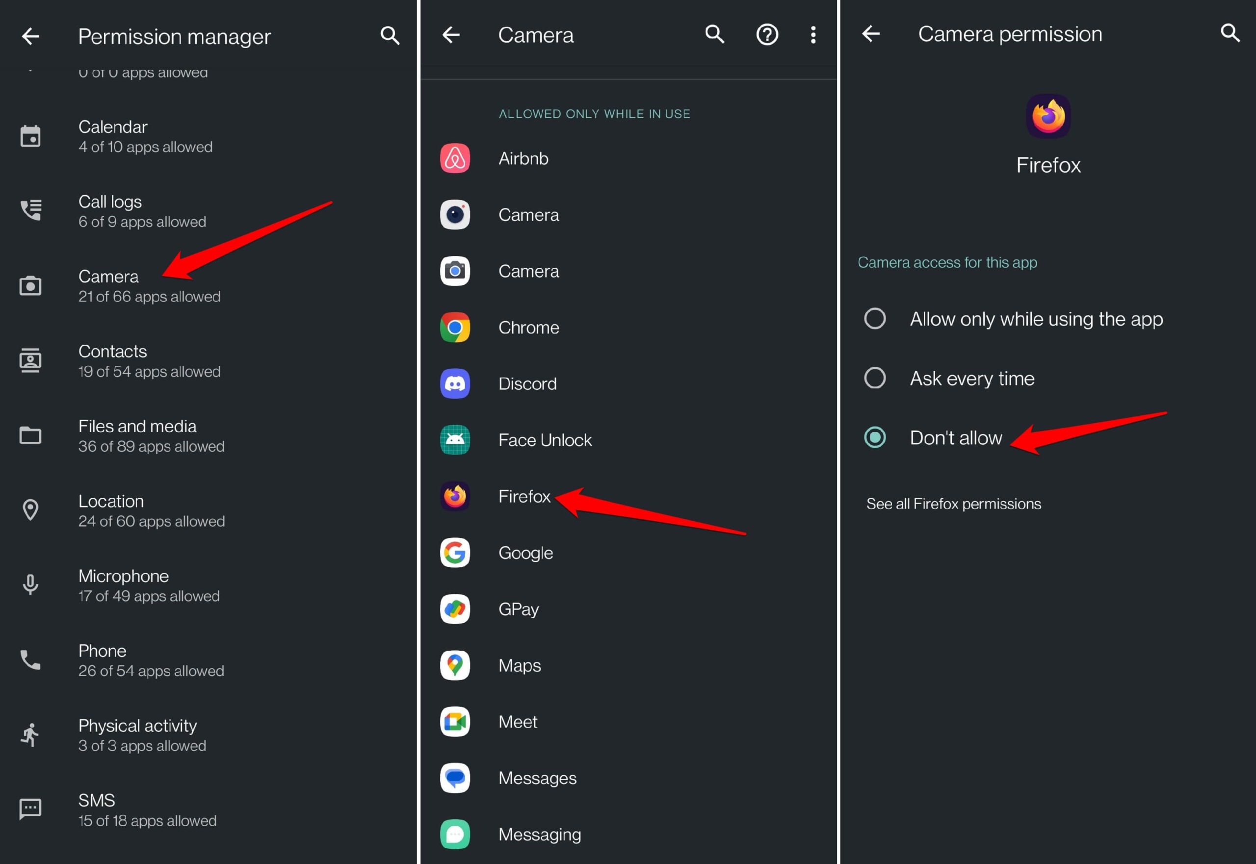 disable Firefox camera access from Android settings