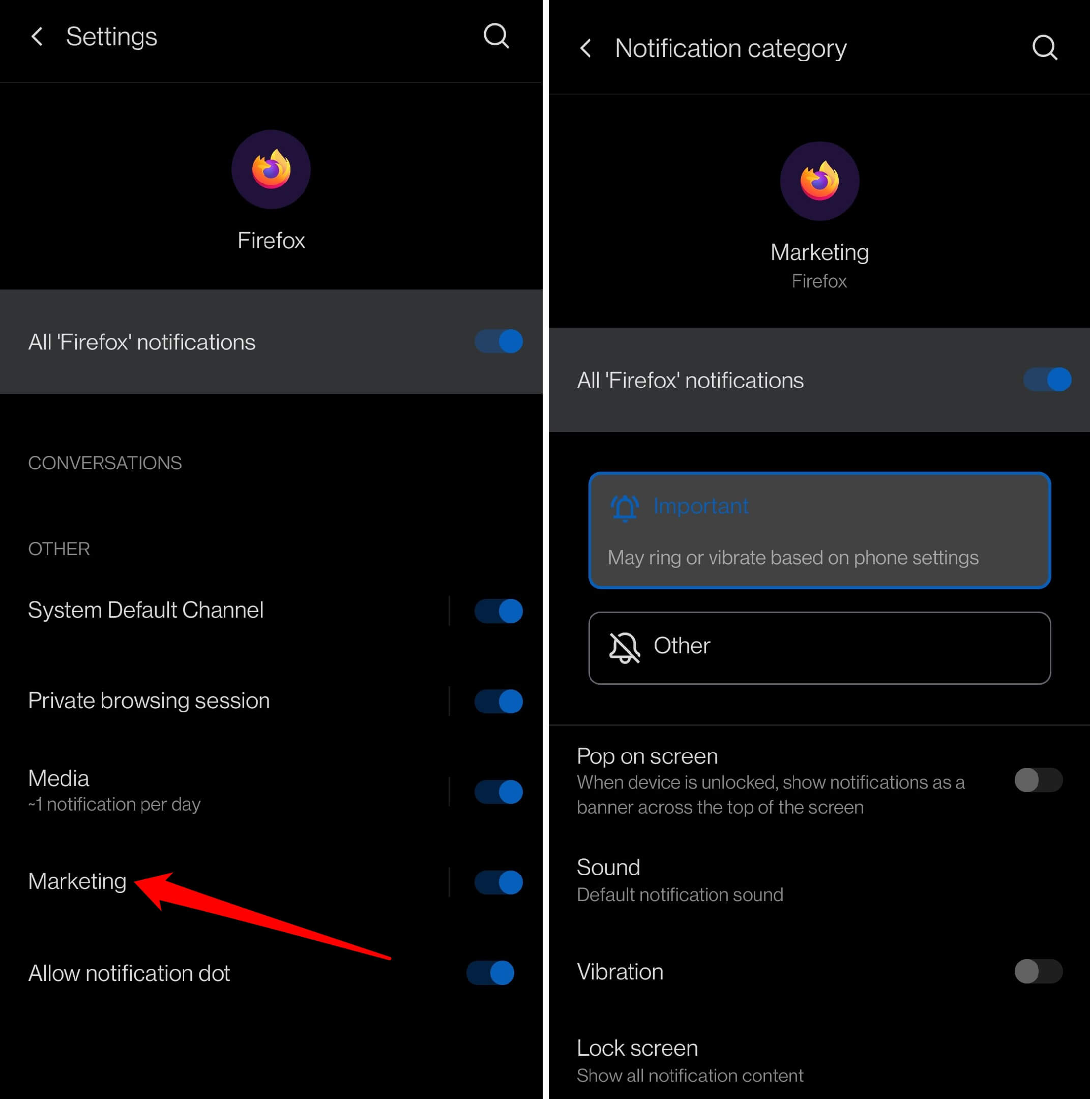 enable or disable marketing notifications on Firefox Android