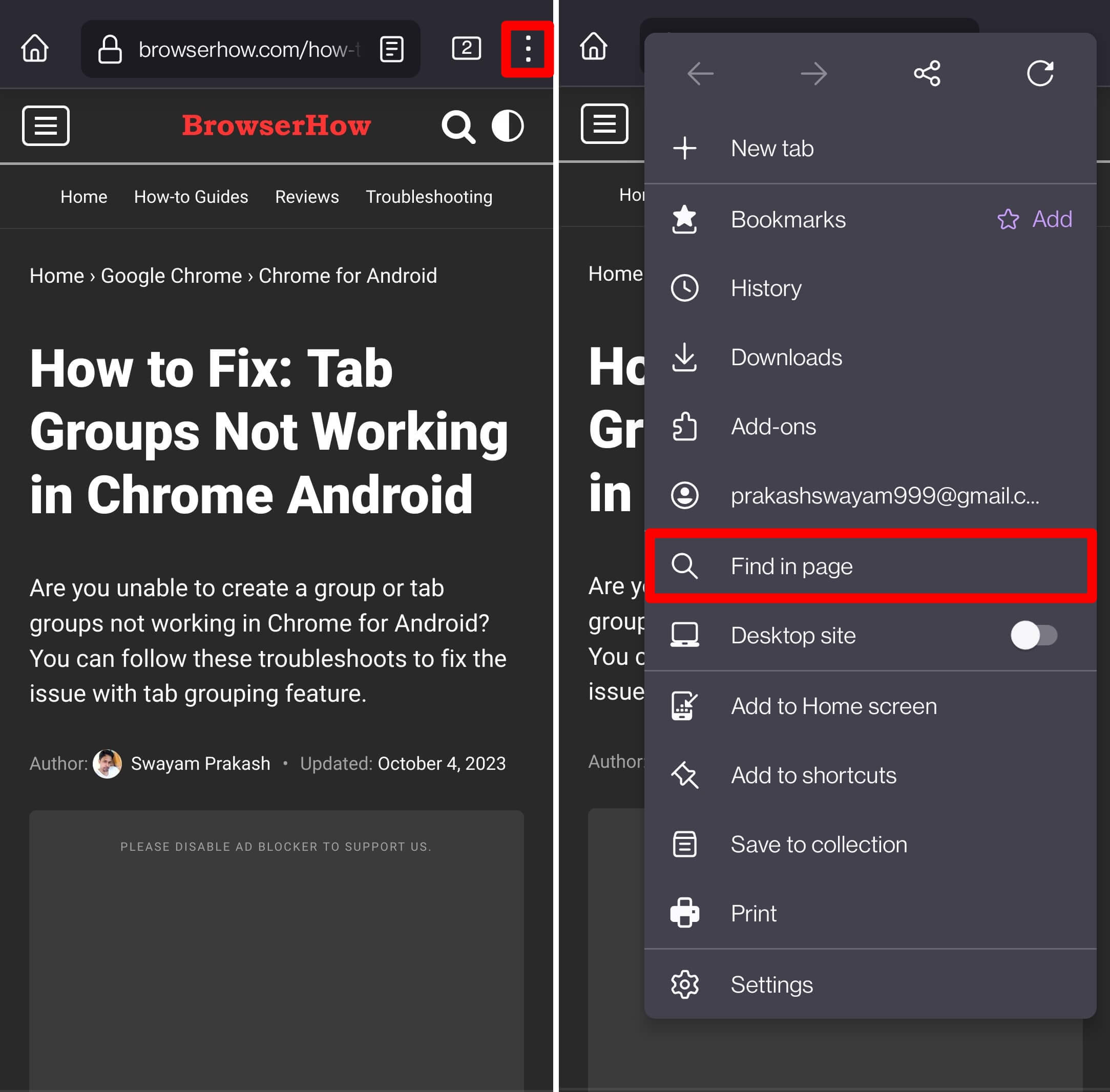 how to search and find on page in Firefox for Android