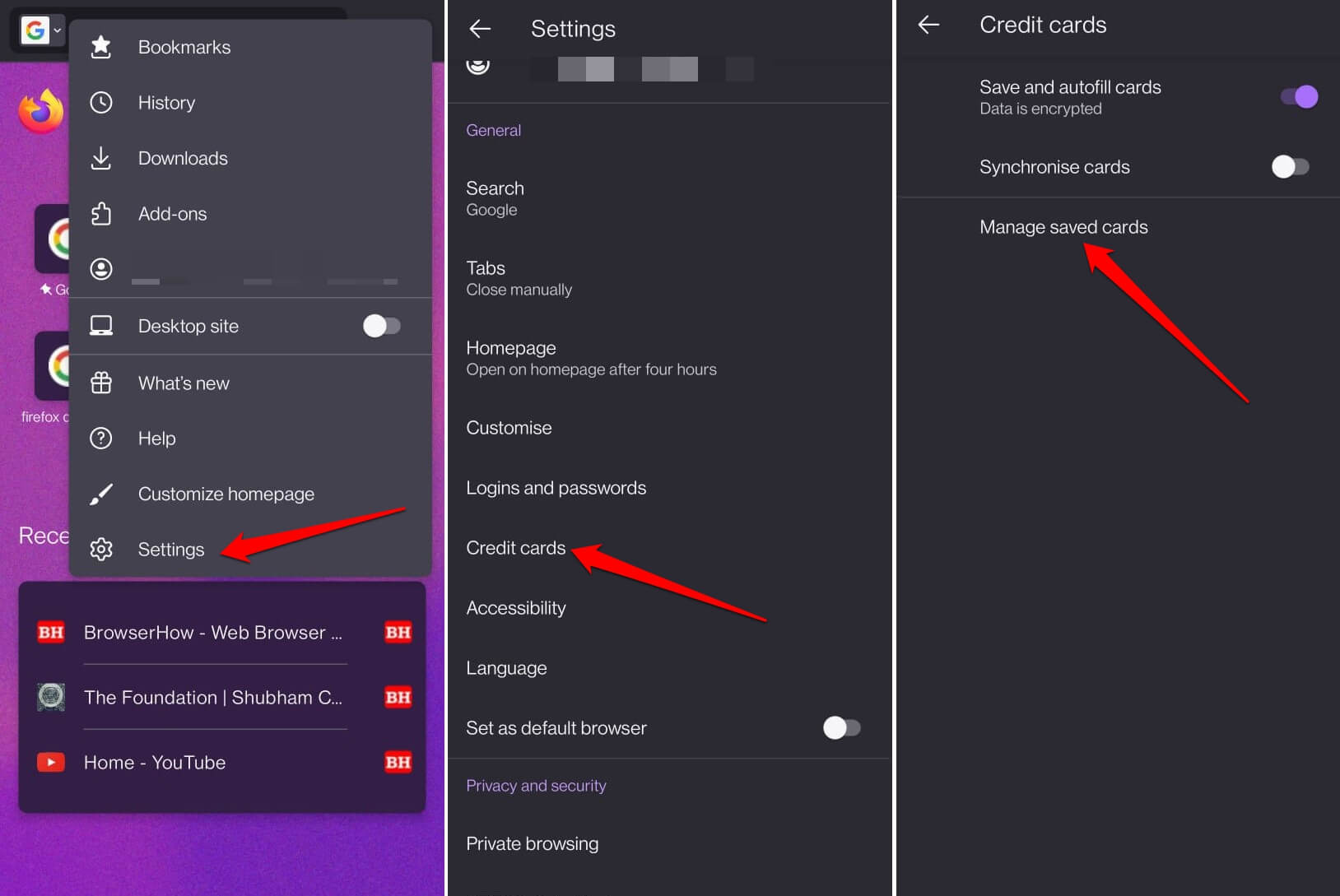 manage saved cards on Firefox android