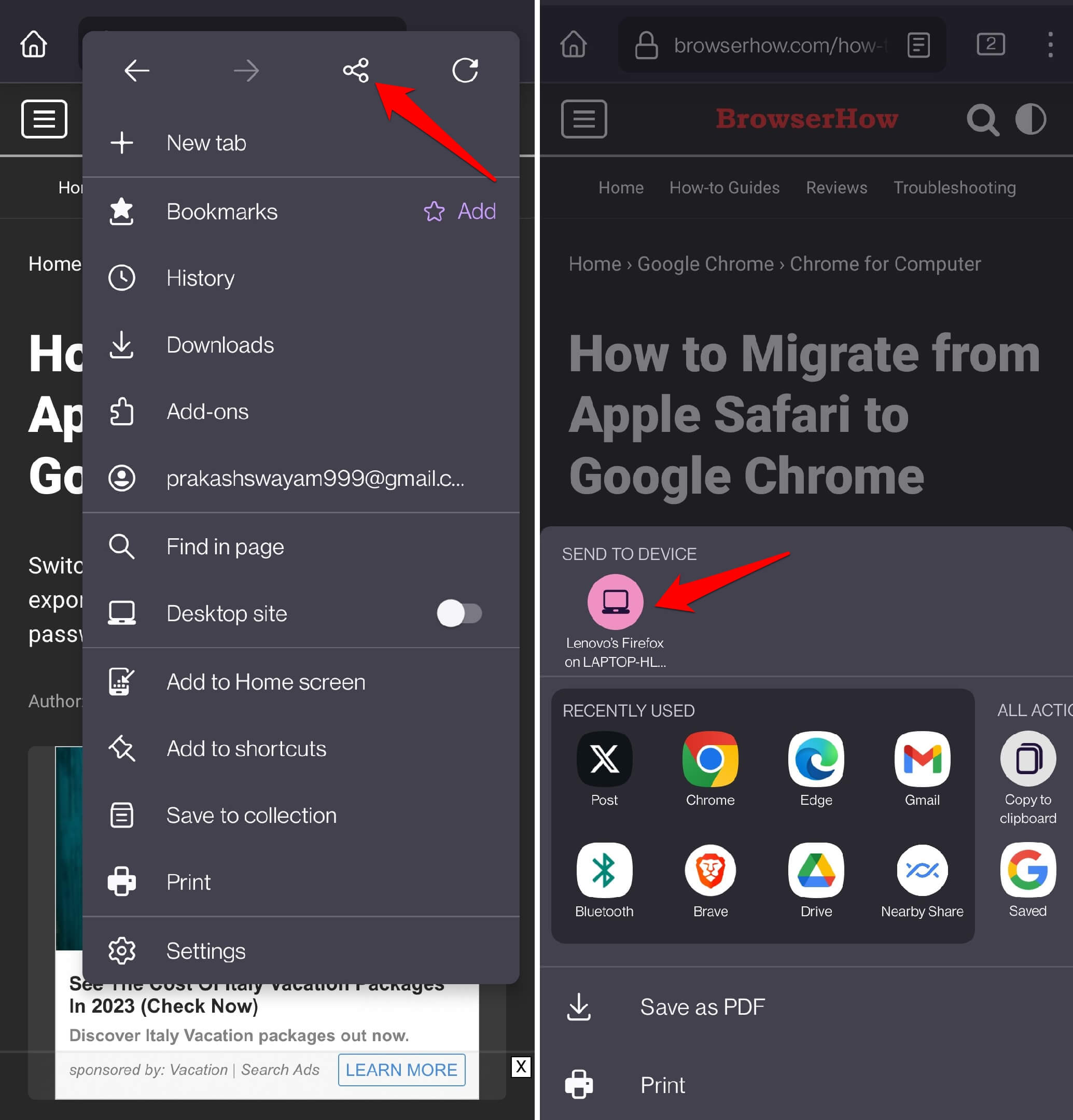 send link to a device in Firefox for Android