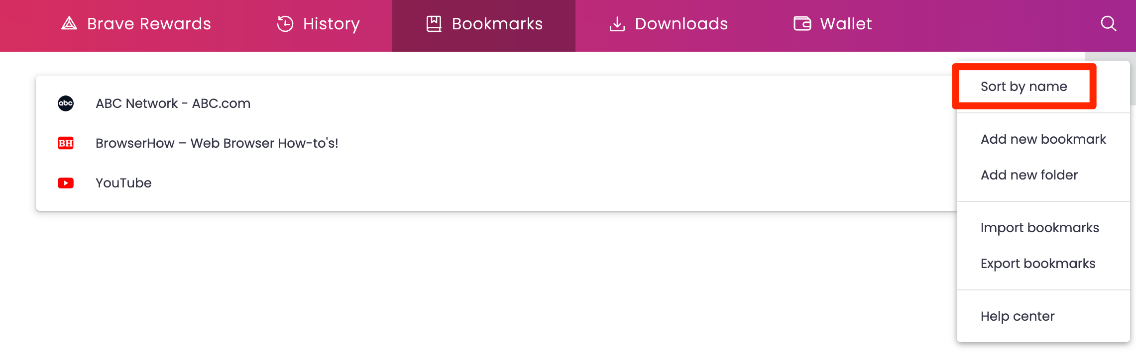 Brave Bookmarks Manager Sort by name option