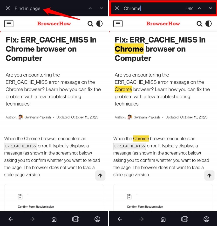 Search and Find on Page in Opera on Android