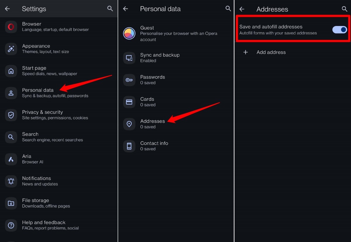 add address autofill in Opera on Android