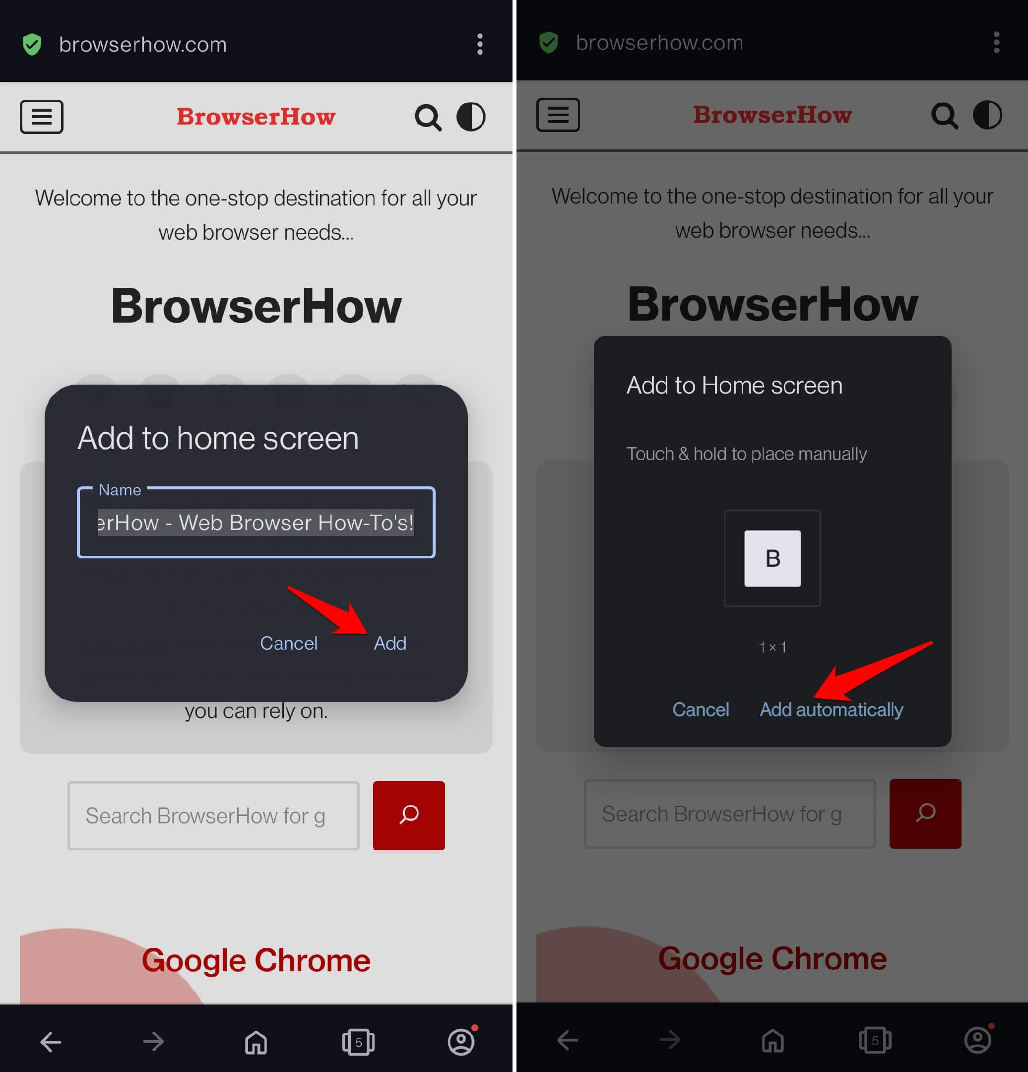 add page to home screen automatically on Opera