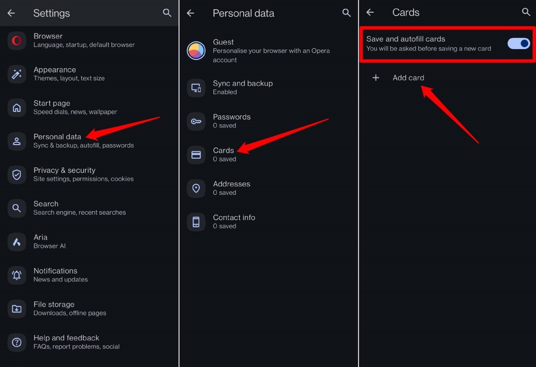 add payment methods and cards in Opera on android