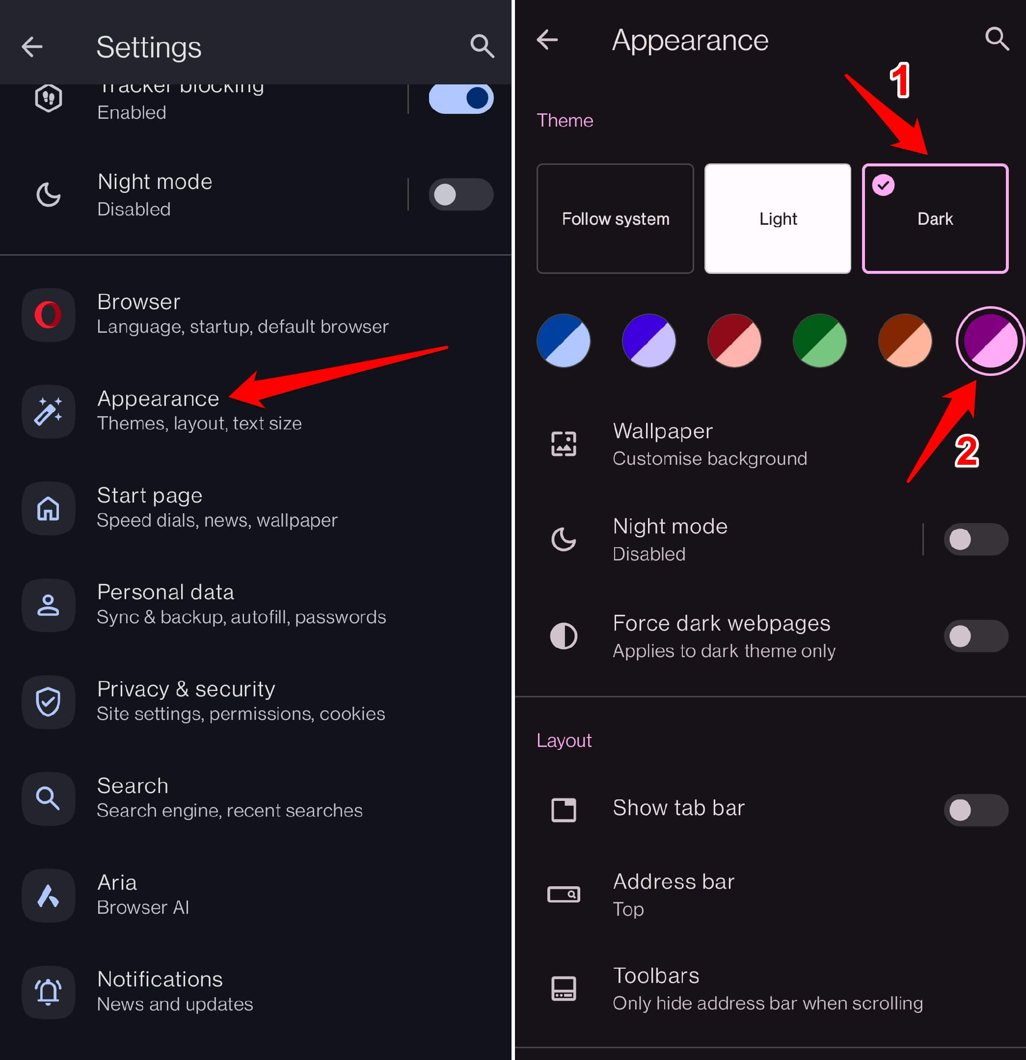 change theme on Opera android
