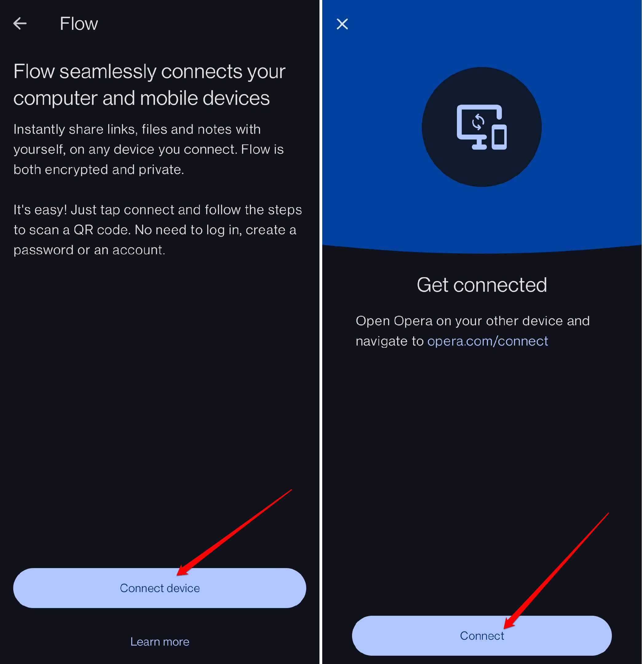 connect to a device on Opera flow