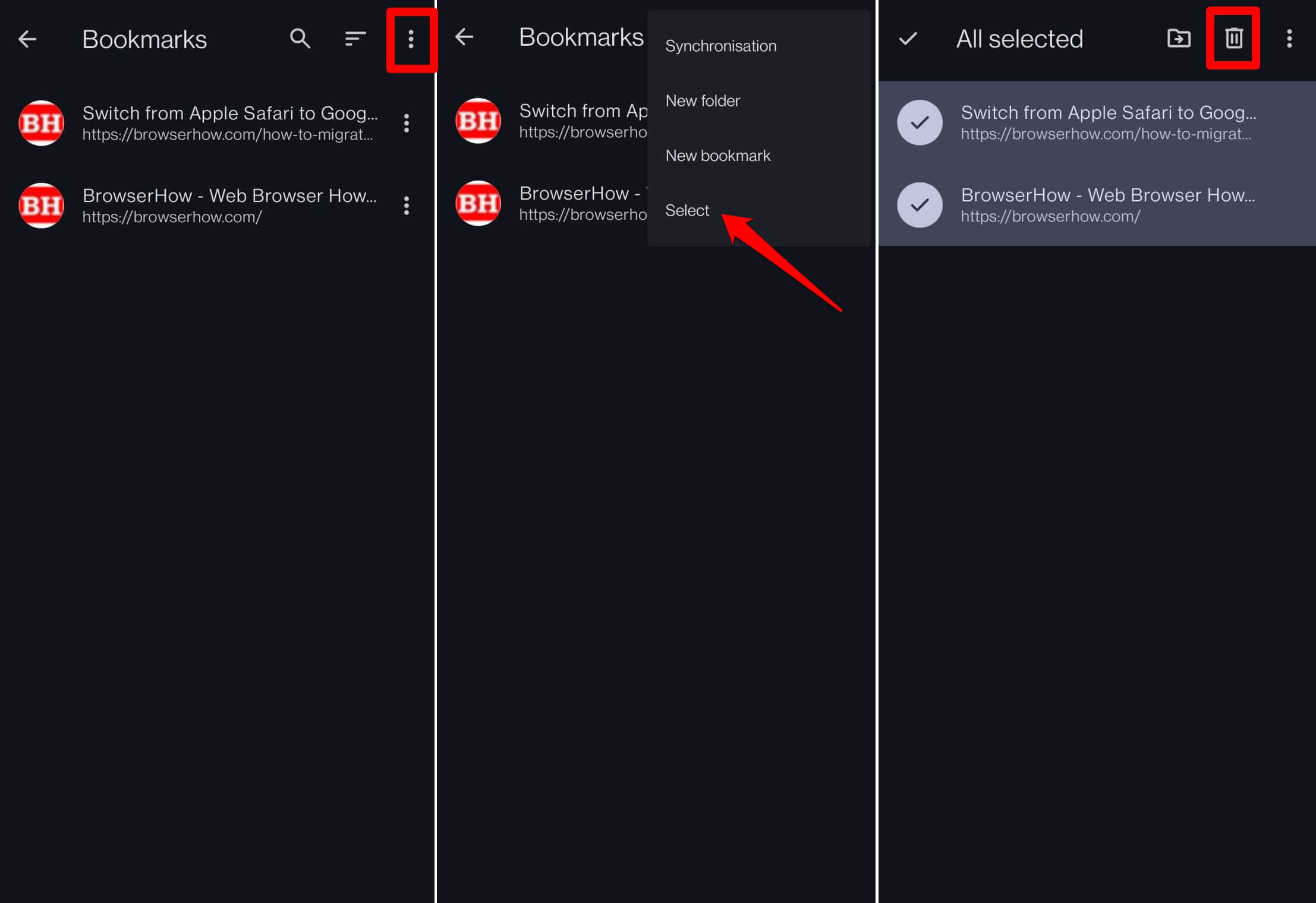 delete multiple bookmarks on Opera Android