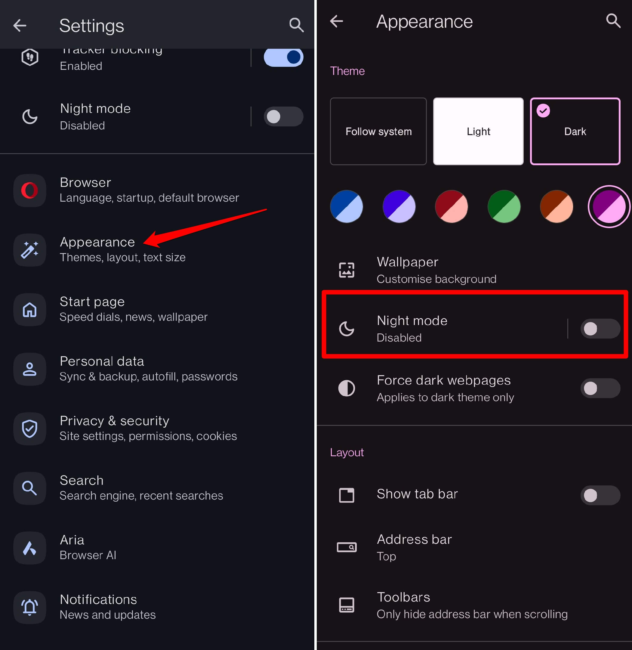 enable or disable night mode on Opera Android