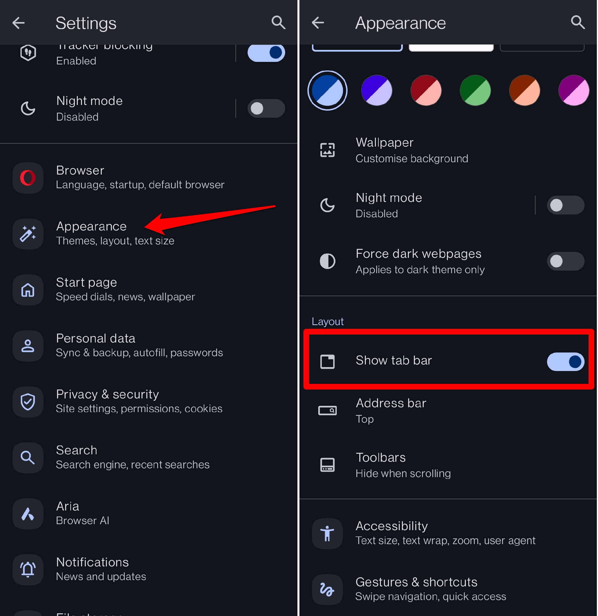 enable tab bar on Opera