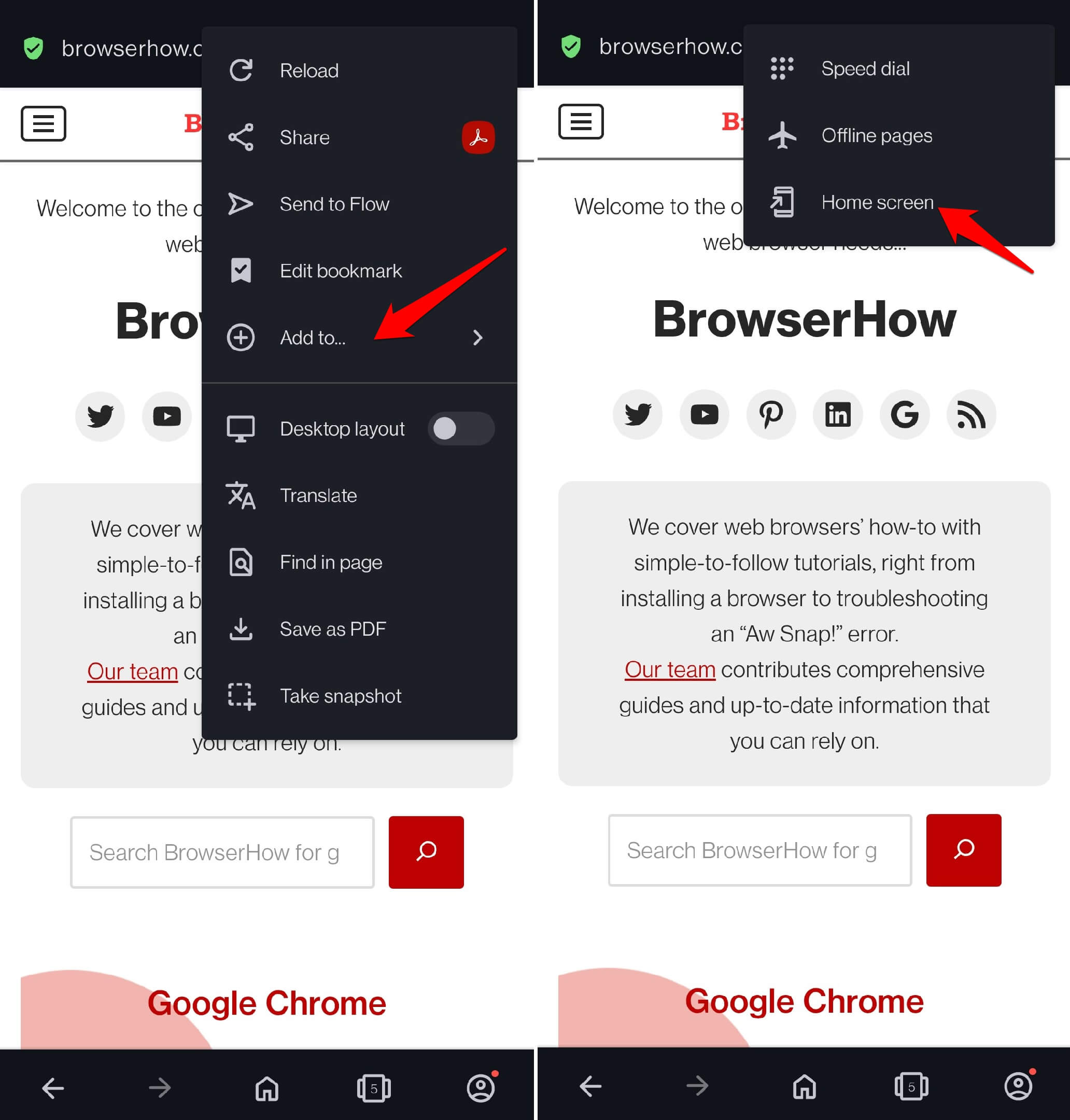 how to add a page to home screen on Opera Android