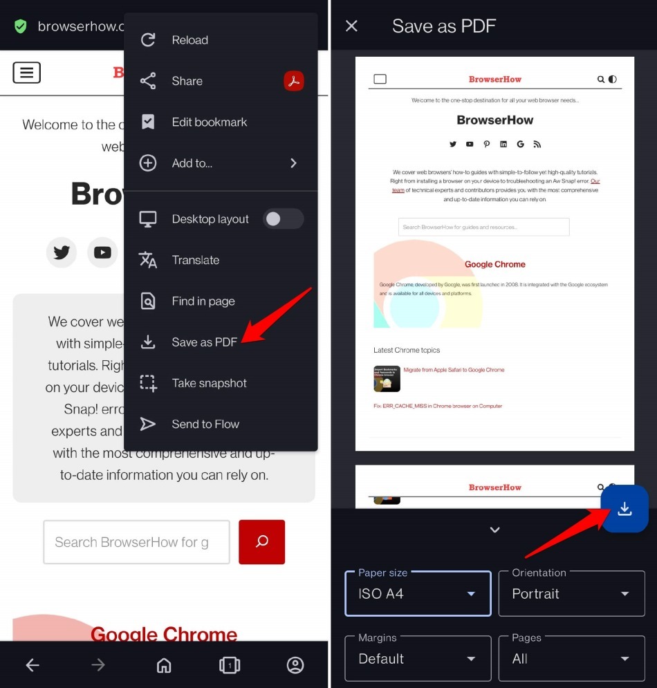 save a webpage on Opera in PDF on your device