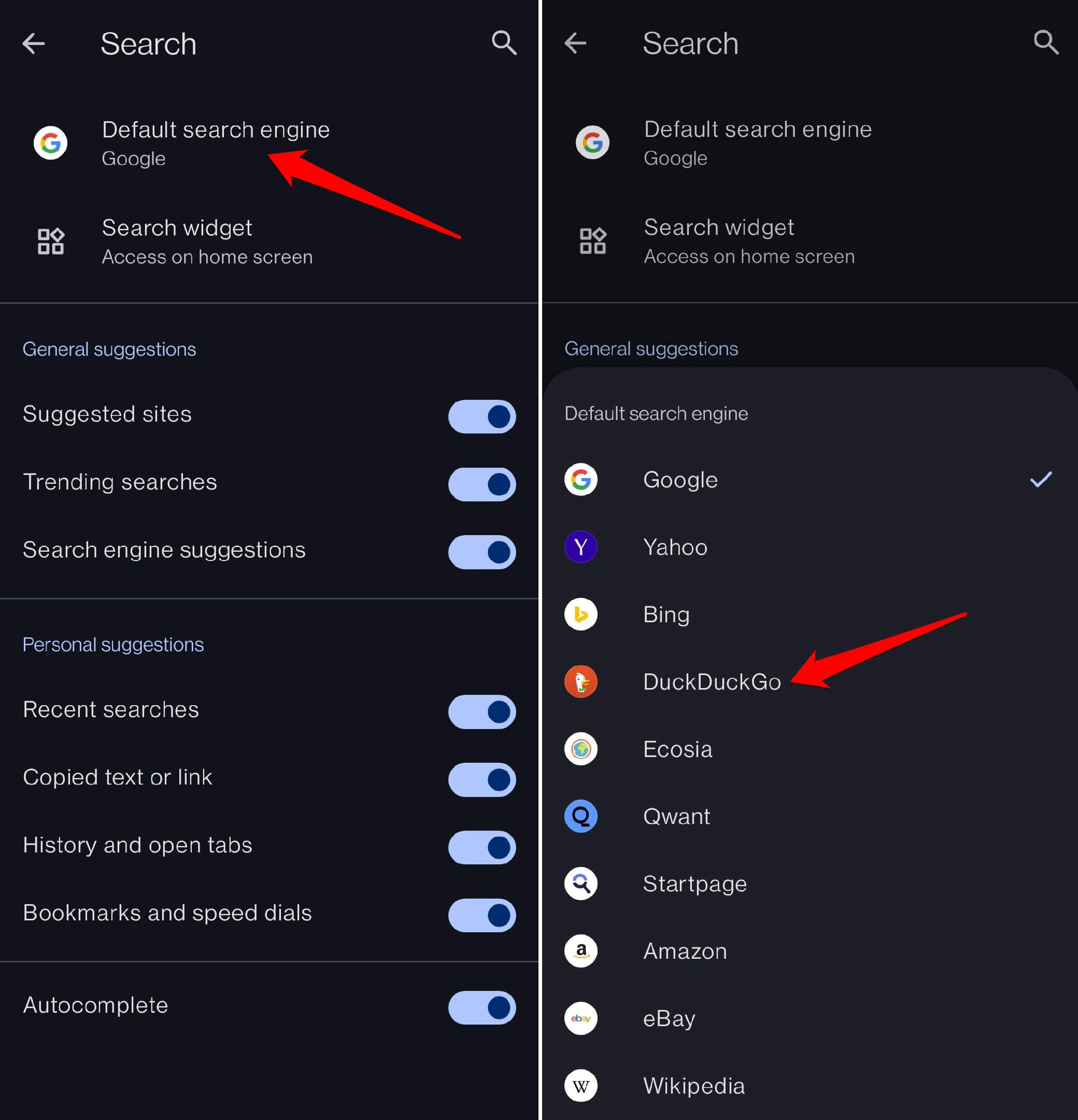 select a search engine on Opera Android