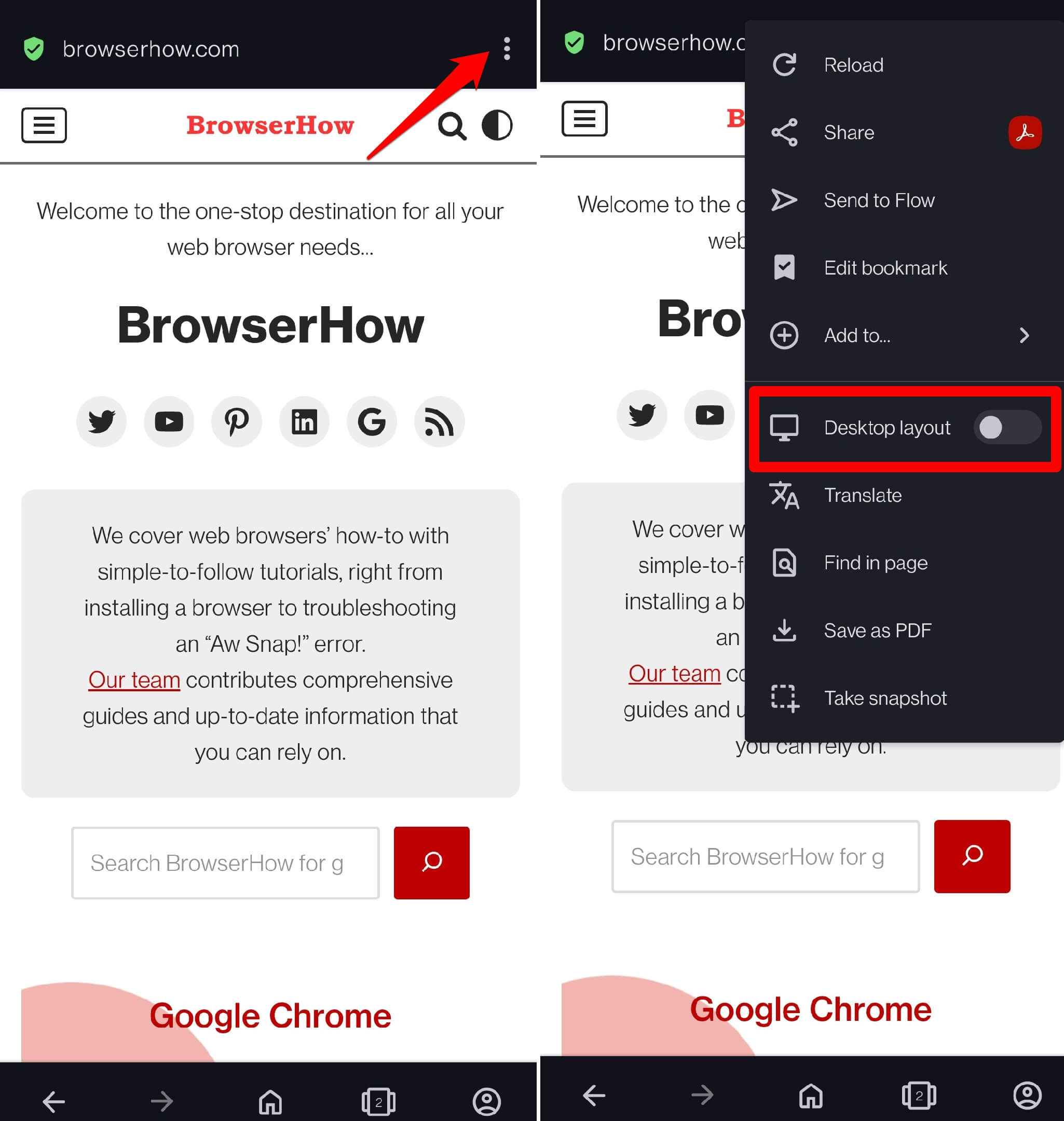switch from desktop view to mobile view on Opera browser