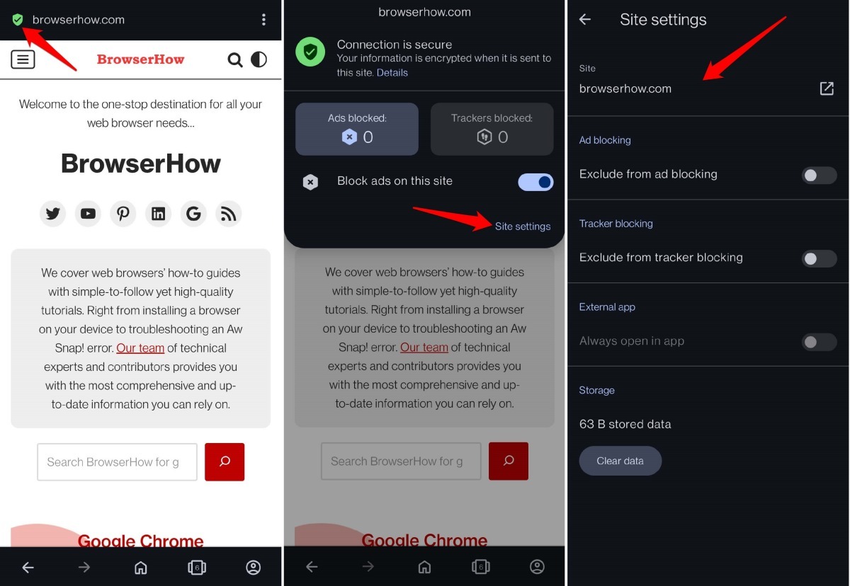 view site settings on Opera Android