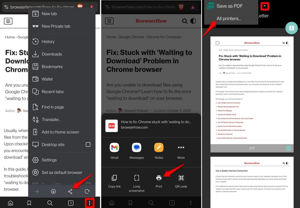 Print a web page in Brave on android