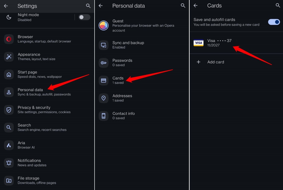 access the saved card details on Opera Android