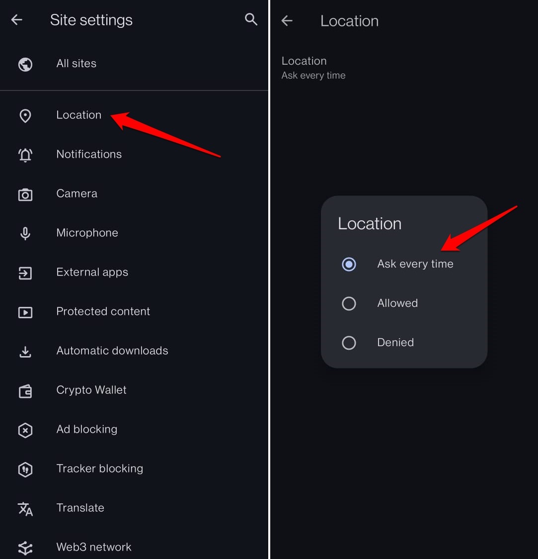 allow or block geolocation access in Opera android