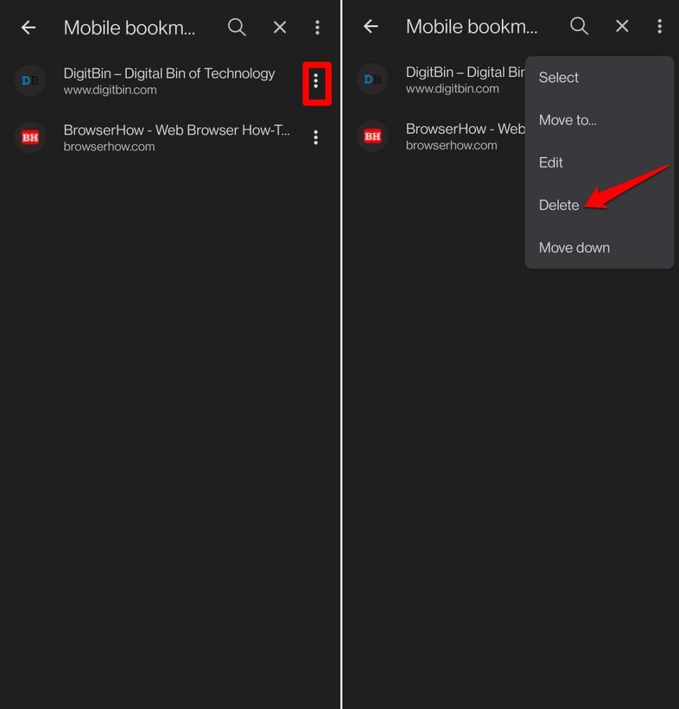 alternate-way-to-delete a bookmark on Brave browser for android