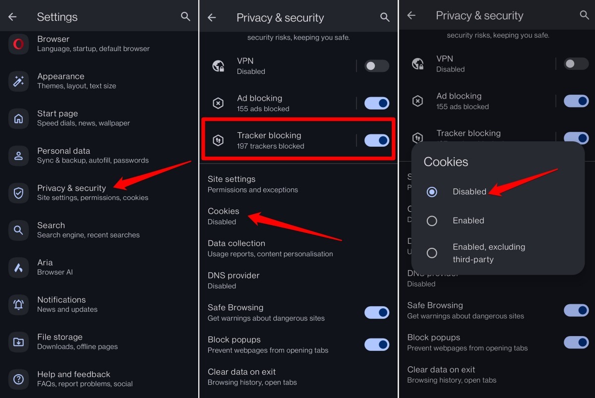 block or allow browser cookies on Opera Android
