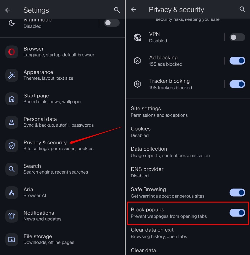 block popups on Opera android