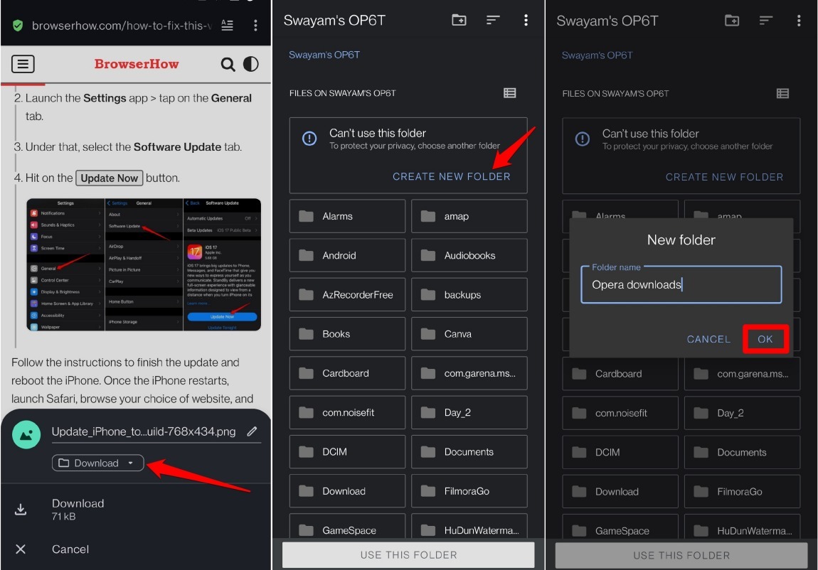 change the download location on Opera android