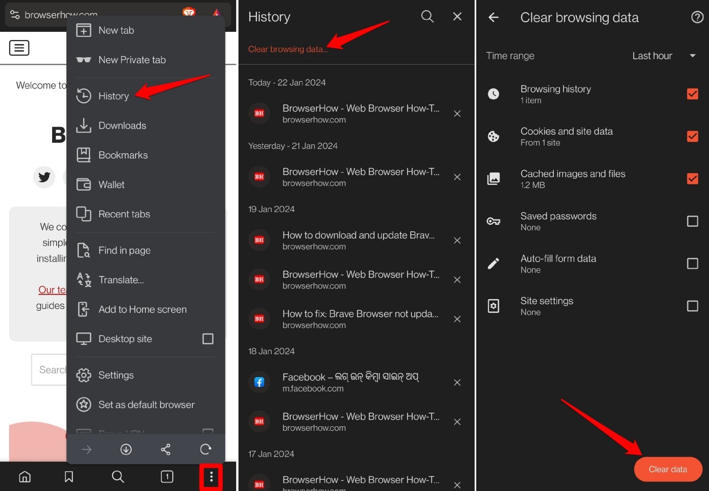 clear browsing data on Brave browser android
