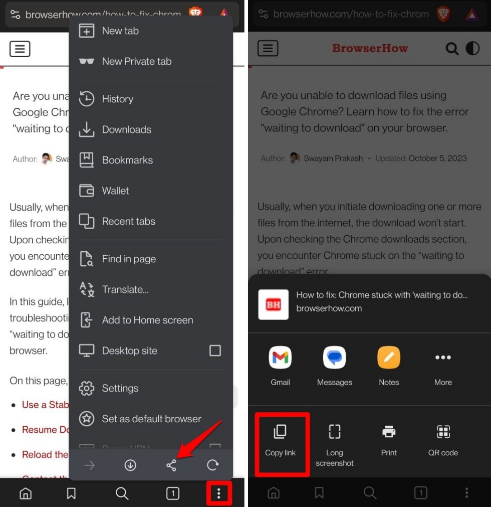 copy the page link in brave browser to share externally